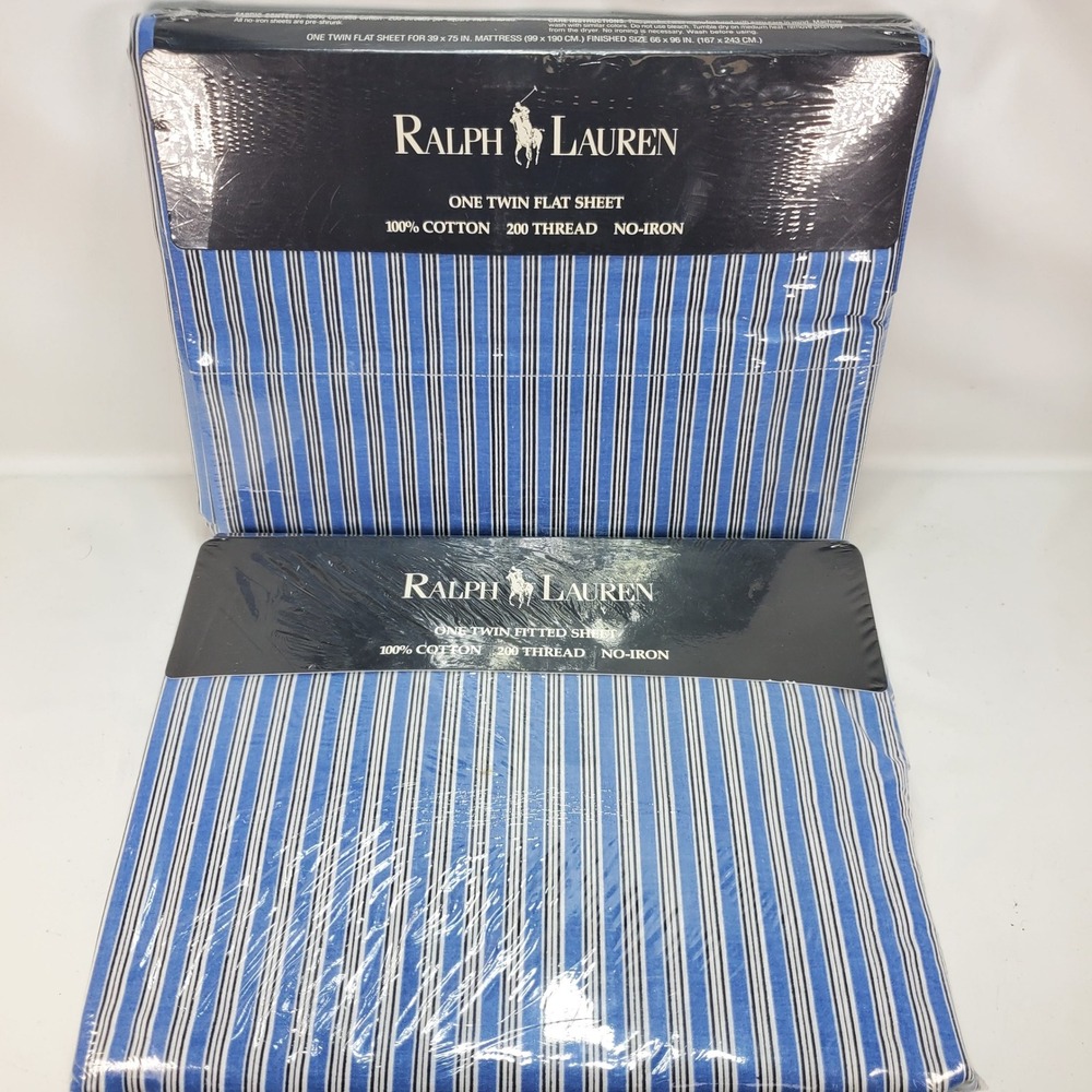 Ralph Lauren Sorrell Stripe Twin Flat & Fitted Sheet Set Blue White Vintage NEW